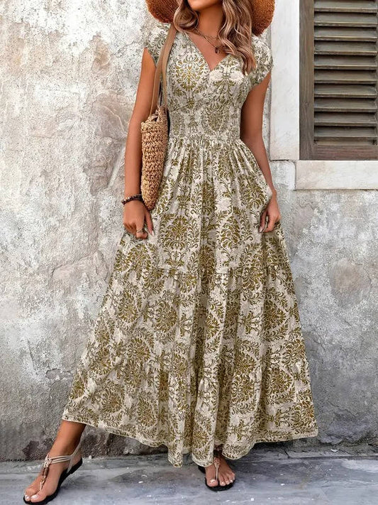 Alethea | Women's Boho Chic Beige Patterned Sleeveless V Neck Maxi Dress