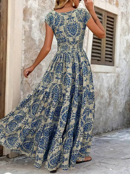 Alethea | Women's Boho Chic Beige Patterned Sleeveless V Neck Maxi Dress