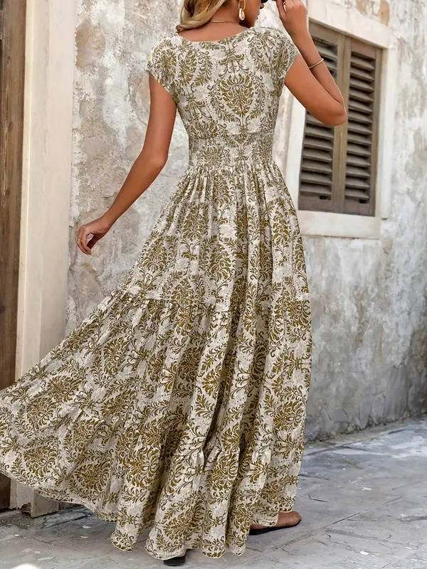 Alethea | Women's Boho Chic Beige Patterned Sleeveless V Neck Maxi Dress