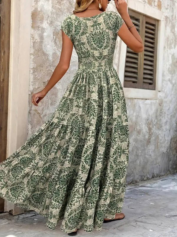 Alethea | Women's Boho Chic Beige Patterned Sleeveless V Neck Maxi Dress