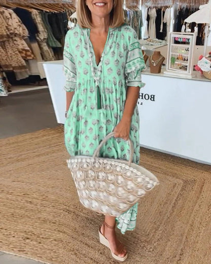 Adriana | Women's Boho Light Blue Printed Tassel Tie Midi Dress