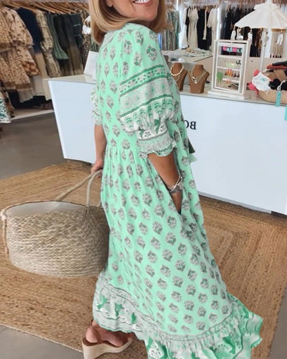 Adriana | Women's Boho Light Blue Printed Tassel Tie Midi Dress