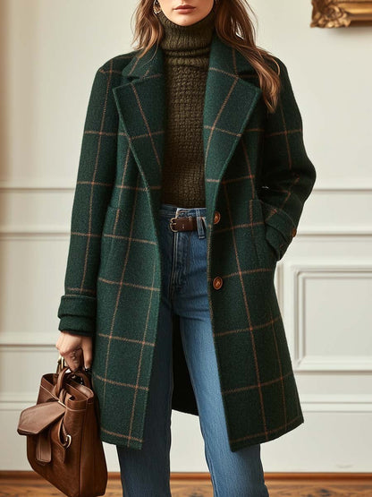 Willow | Women's Retro Lapel Dark Green Plaid Tweed Coat