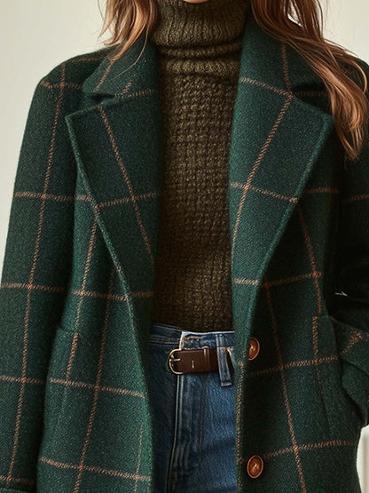 Alethea | Women's Retro Lapel Dark Green Plaid Tweed Coat