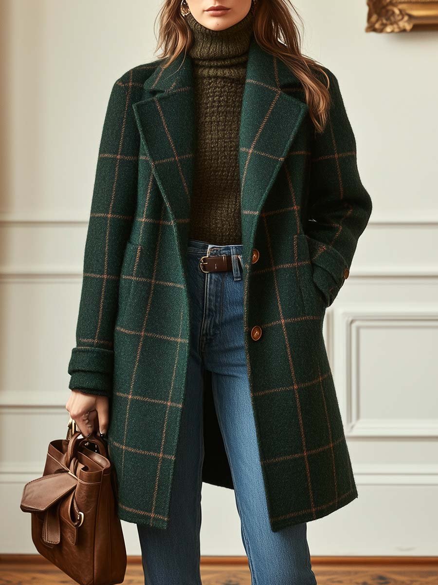 Alethea | Women's Retro Lapel Dark Green Plaid Tweed Coat
