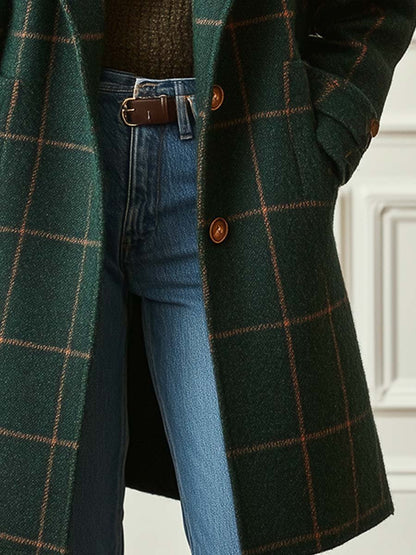 Alethea | Women's Retro Lapel Dark Green Plaid Tweed Coat