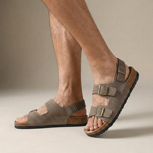 Kairos | Men's Orthopedic Suede Cork Sole Buckle Slingback Sandals in Taupe