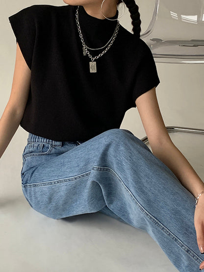 Astrid | Women's Mock Neck Short Sleeve Casual Black Top