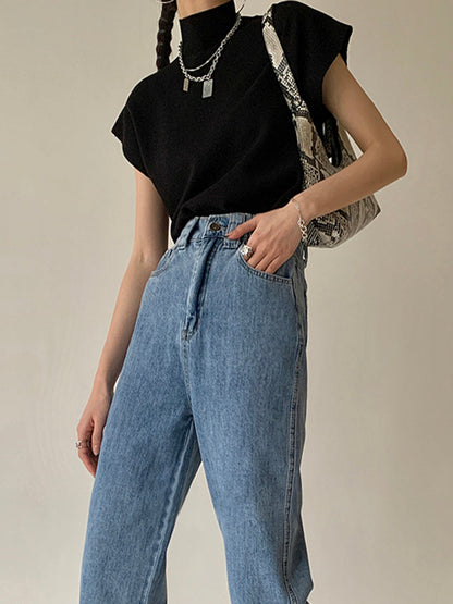 Astrid | Women's Mock Neck Short Sleeve Casual Black Top