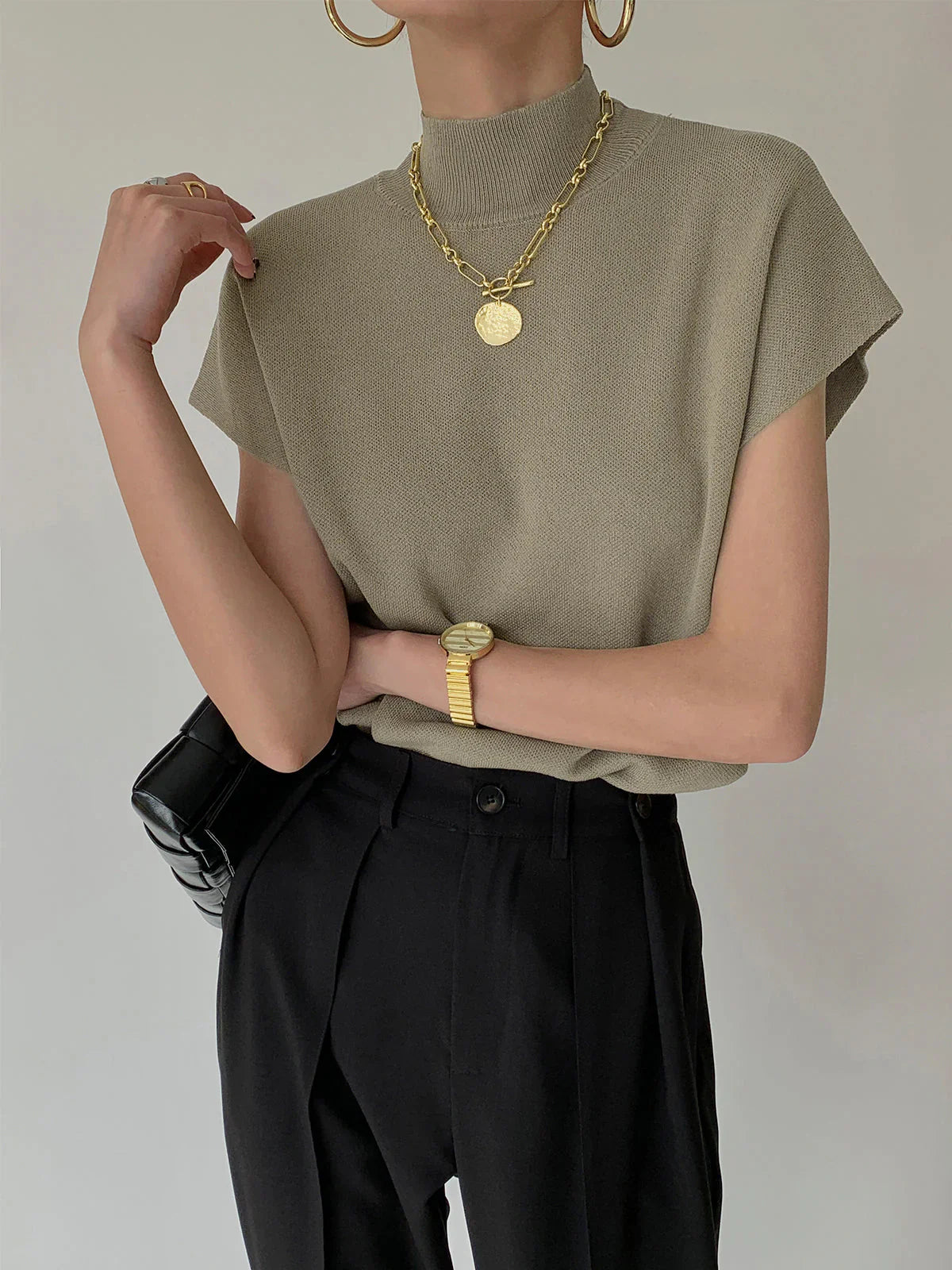 Astrid | Women's Mock Neck Short Sleeve Casual Black Top