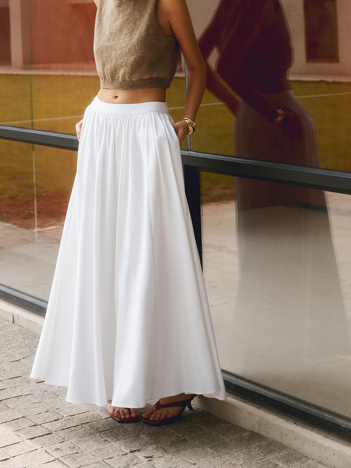 Alethea | Women's Boho High Waist Pleated A-Line Maxi Skirt Set in White