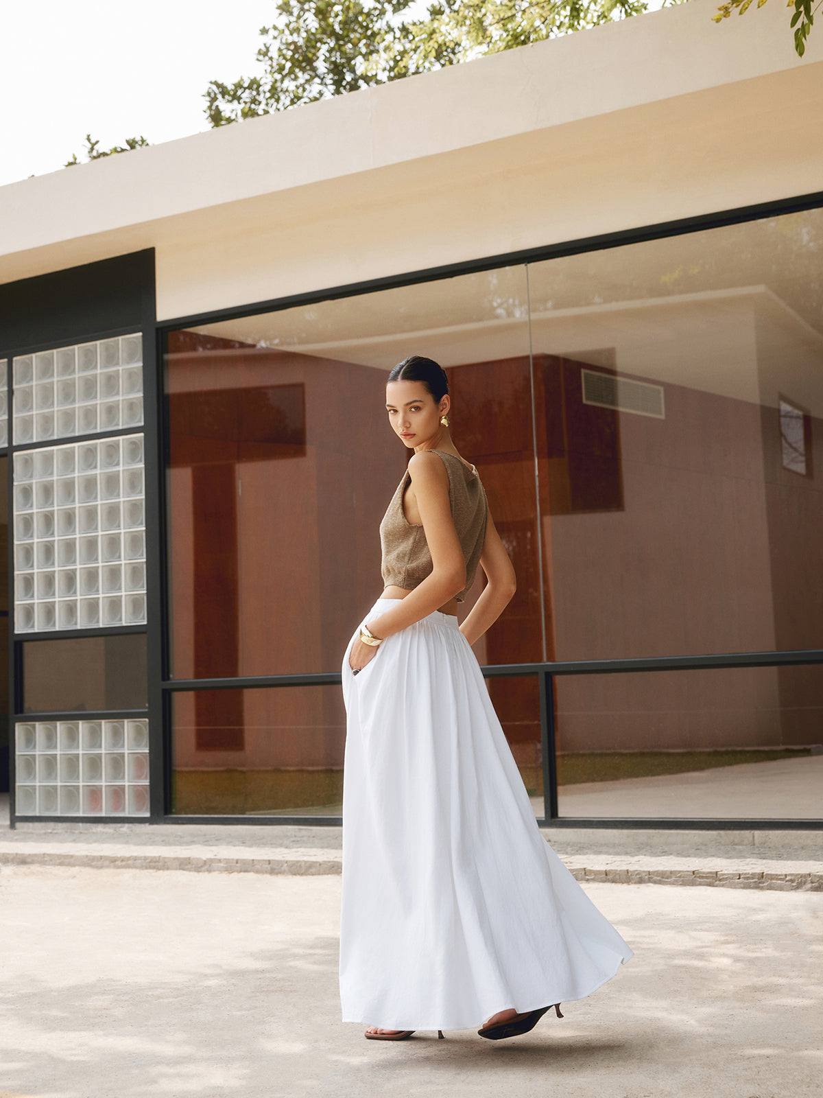 Alethea | Women's Boho High Waist Pleated A-Line Maxi Skirt Set in White