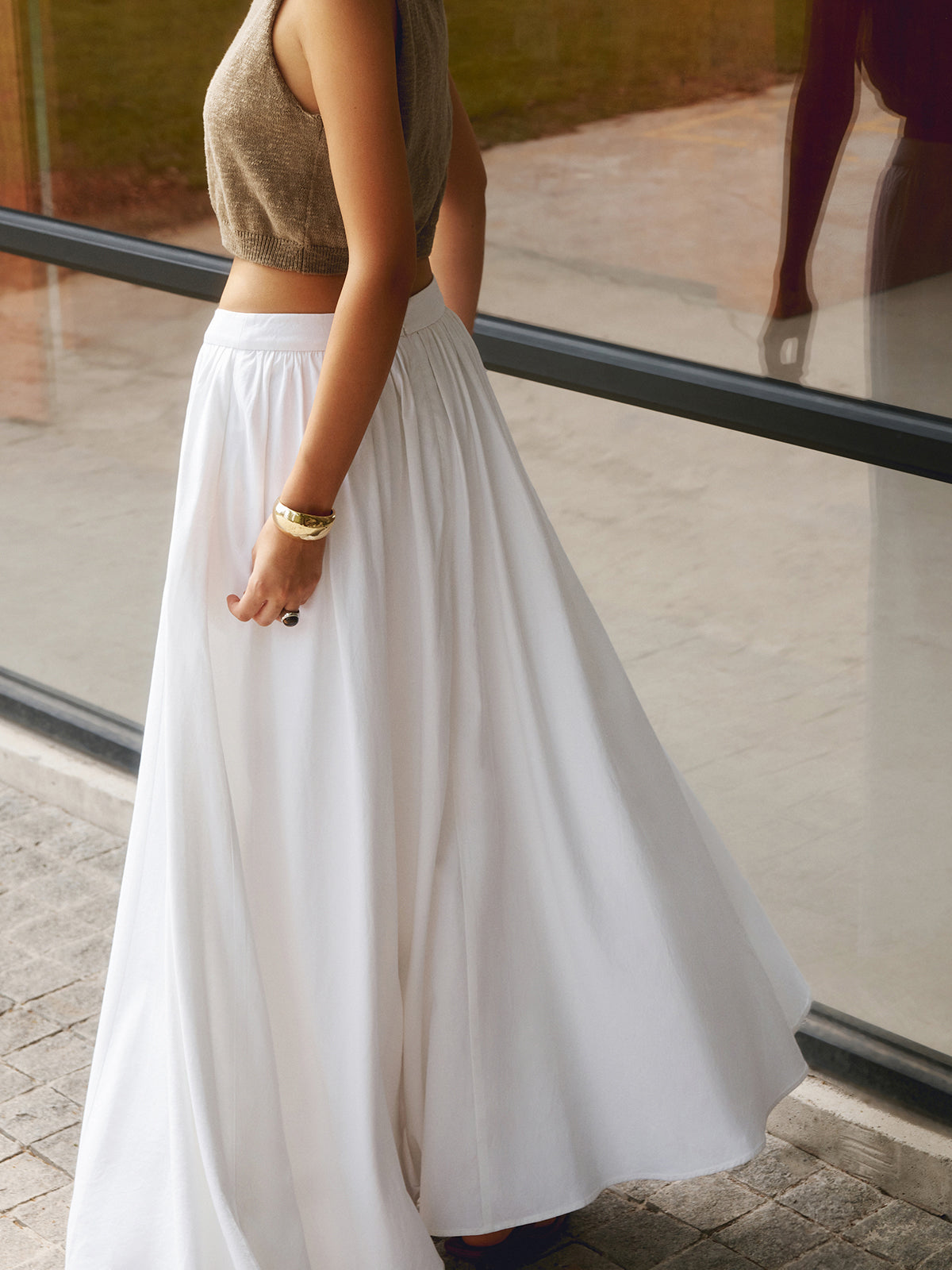 Alethea | Women's Boho High Waist Pleated A-Line Maxi Skirt Set in White