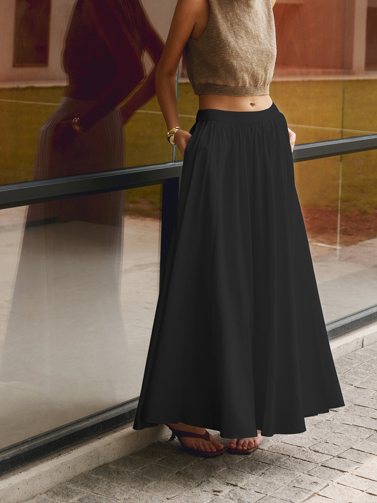 Alethea | Women's Boho High Waist Pleated A-Line Maxi Skirt Set in White