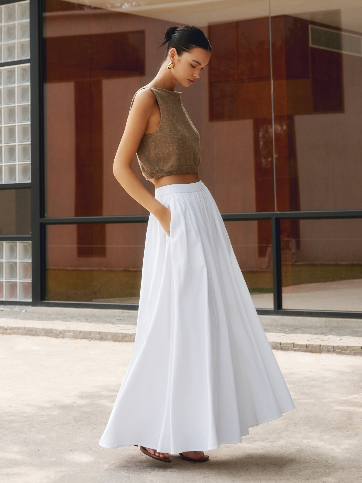 Alethea | Women's Boho High Waist Pleated A-Line Maxi Skirt Set in White