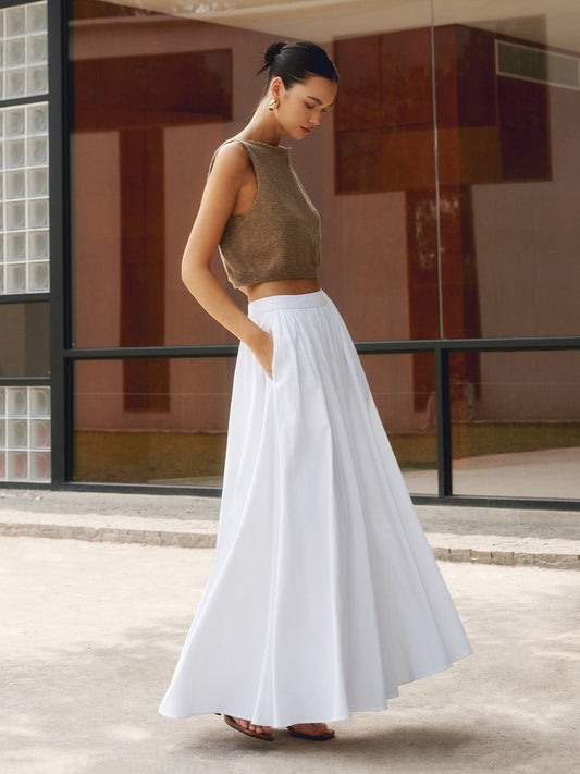 Alethea | Women's Boho High Waist Pleated A-Line Maxi Skirt Set in White