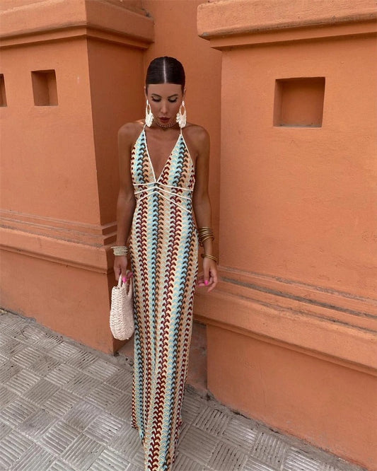 Astrid | Women’s Boho Chic Multicolor Crochet Trim Maxi Dress