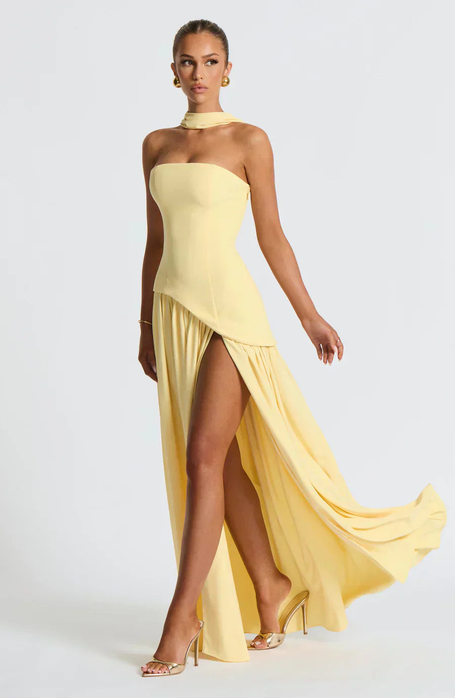 Aurora | Women Wedding Guest Asymmetric Maxi Dress in Soft Yellow