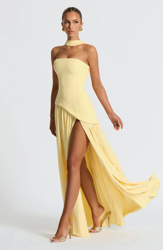 Aurora | Women Wedding Guest Asymmetric Maxi Dress in Soft Yellow