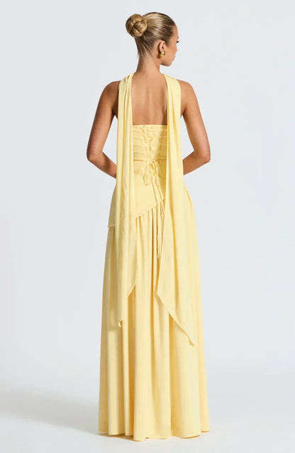 Aurora | Women Wedding Guest Asymmetric Maxi Dress in Soft Yellow