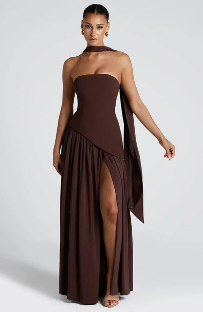 Aurora | Women Wedding Guest Asymmetric Maxi Dress in Soft Yellow