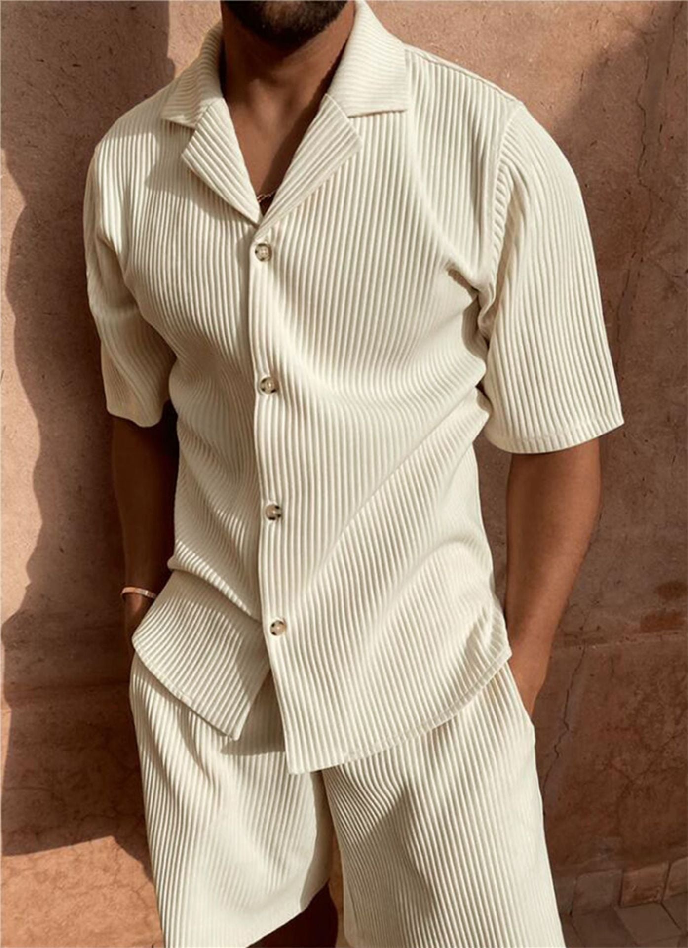 Kairos | Men's Cream Ribbed Button Up Shirt Shorts Set
