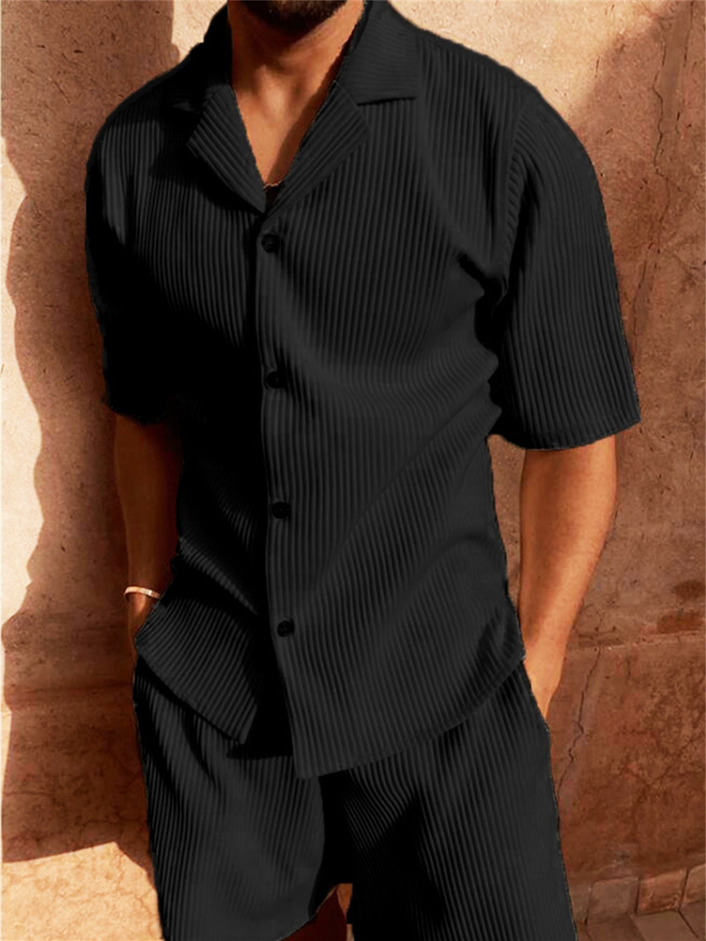 Kairos | Men's Cream Ribbed Button Up Shirt Shorts Set