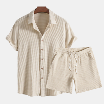 Kairos | Men's Two Piece Casual Beige Waffle Shirt Shorts Set