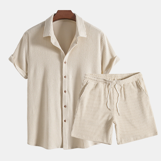 Kairos | Men's Two Piece Casual Beige Waffle Shirt Shorts Set