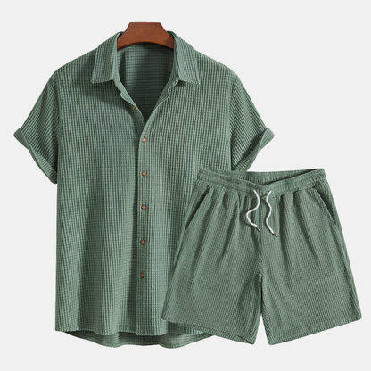 Kairos | Men's Two Piece Casual Beige Waffle Shirt Shorts Set