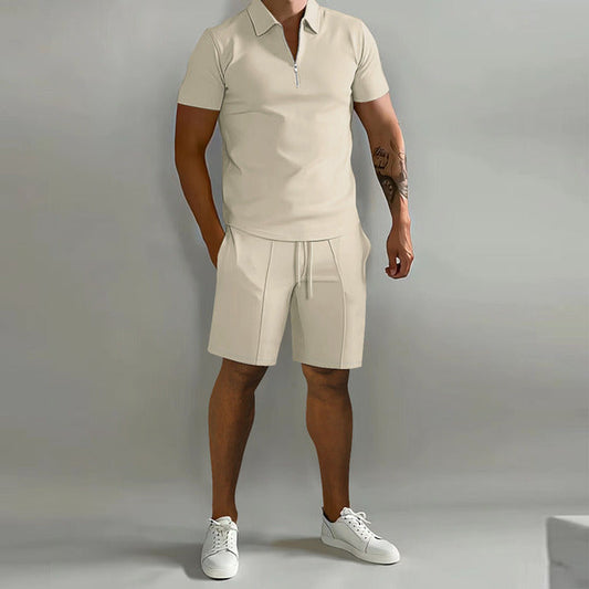 Kairos | Men's Zip Polo Shirt Shorts Casual Beige Set