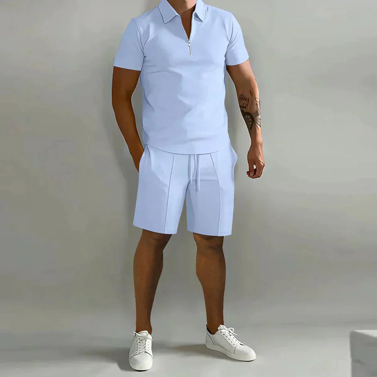 Kairos | Men's Zip Polo Shirt Shorts Casual Beige Set