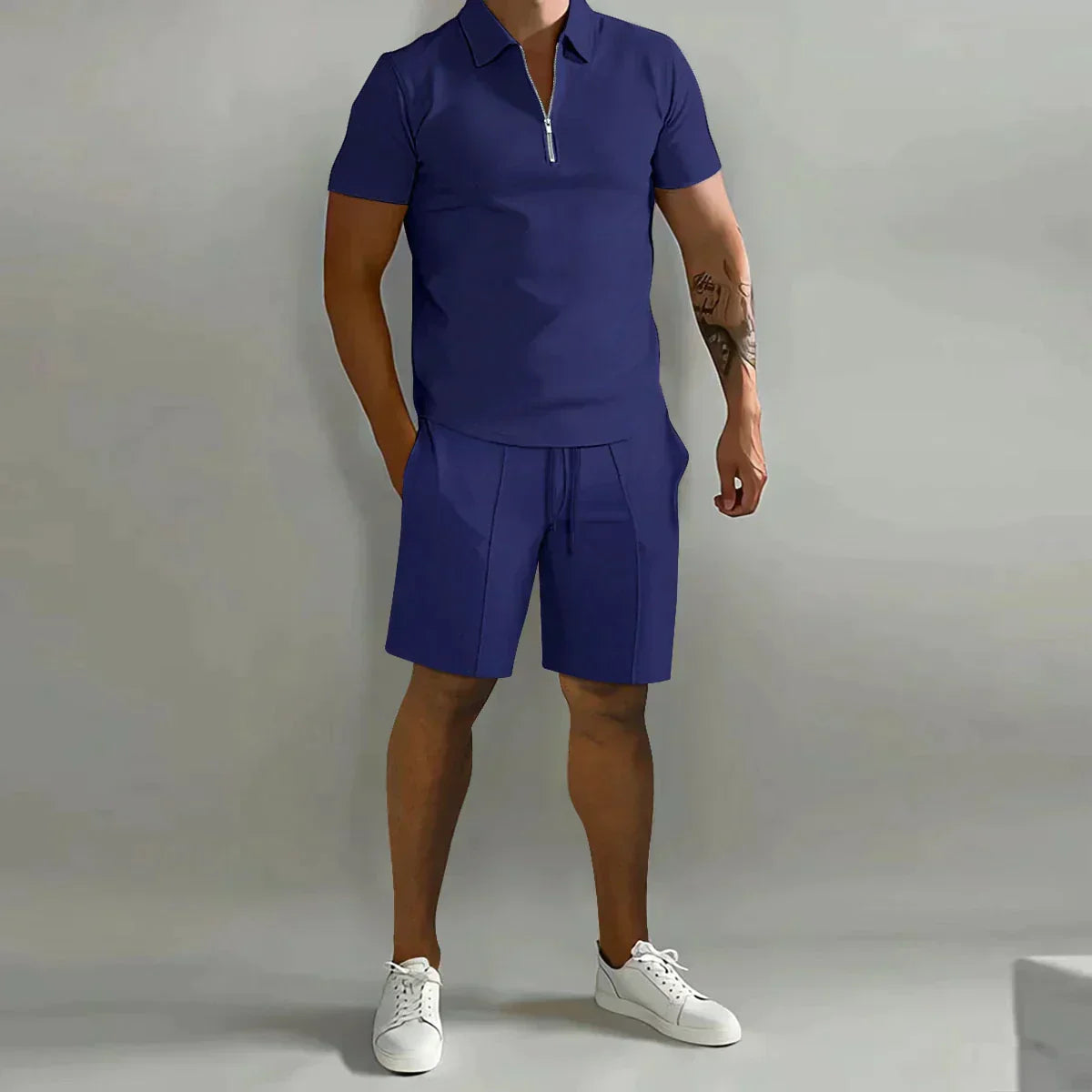 Kairos | Men's Zip Polo Shirt Shorts Casual Beige Set