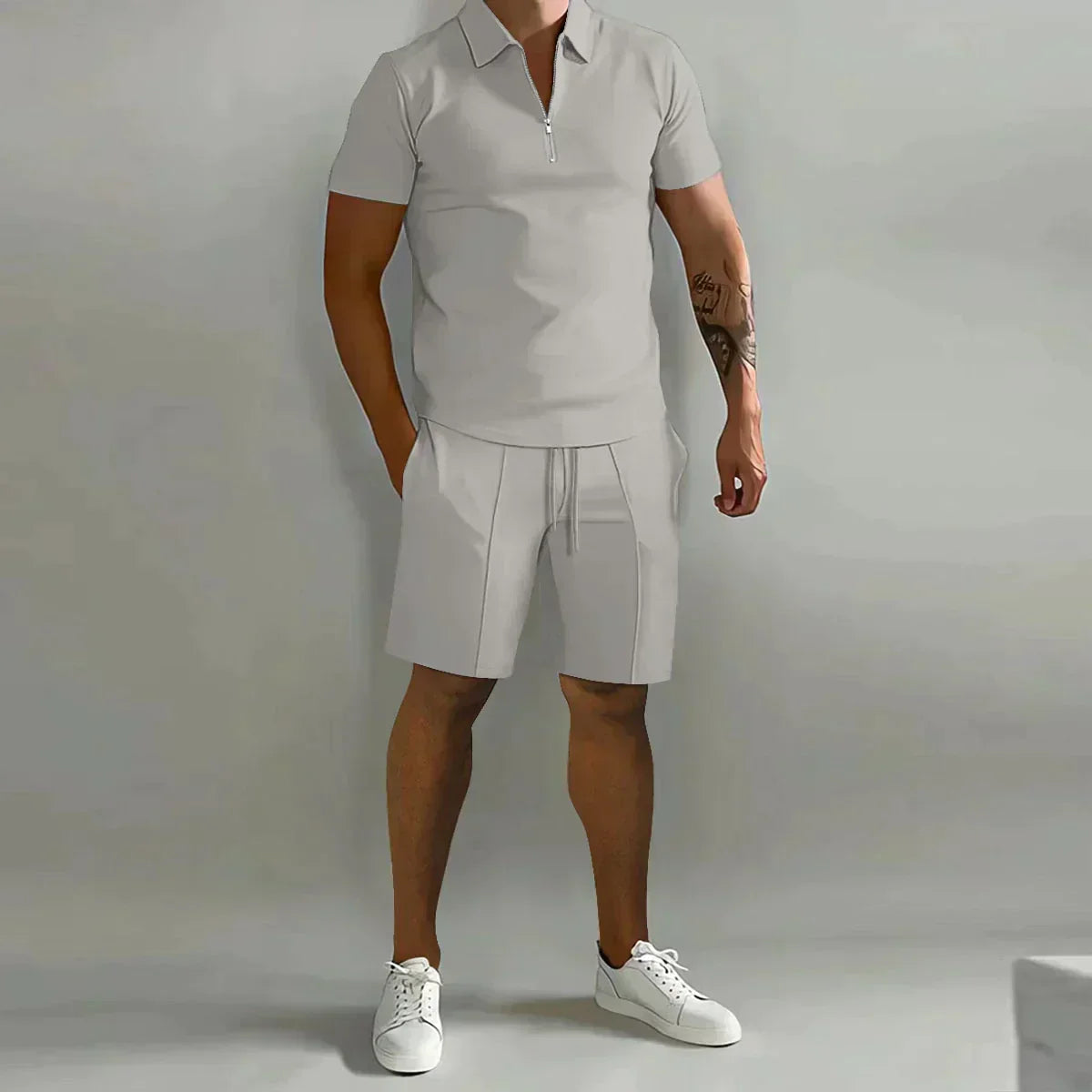 Kairos | Men's Zip Polo Shirt Shorts Casual Beige Set