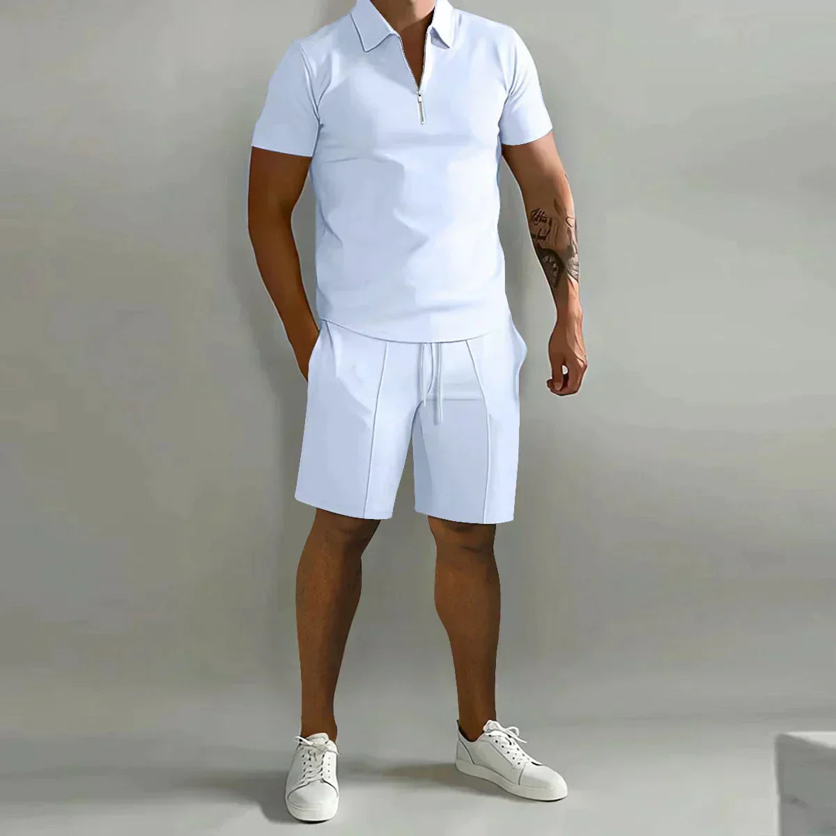 Kairos | Men's Zip Polo Shirt Shorts Casual Beige Set