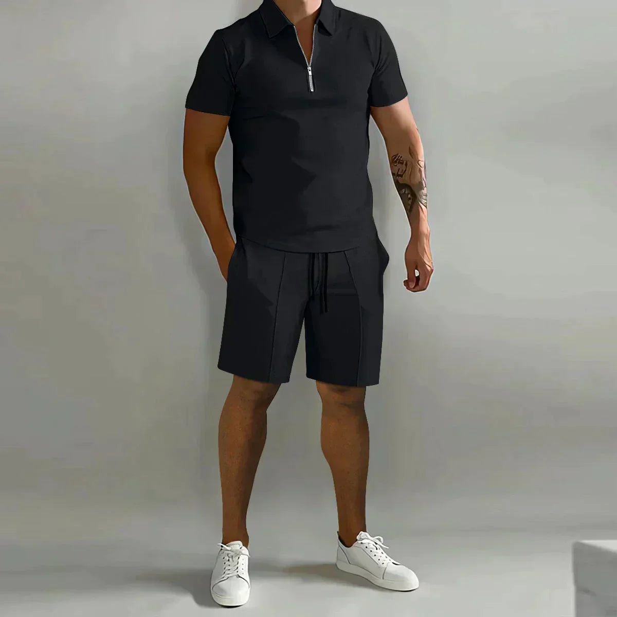 Kairos | Men's Zip Polo Shirt Shorts Casual Beige Set