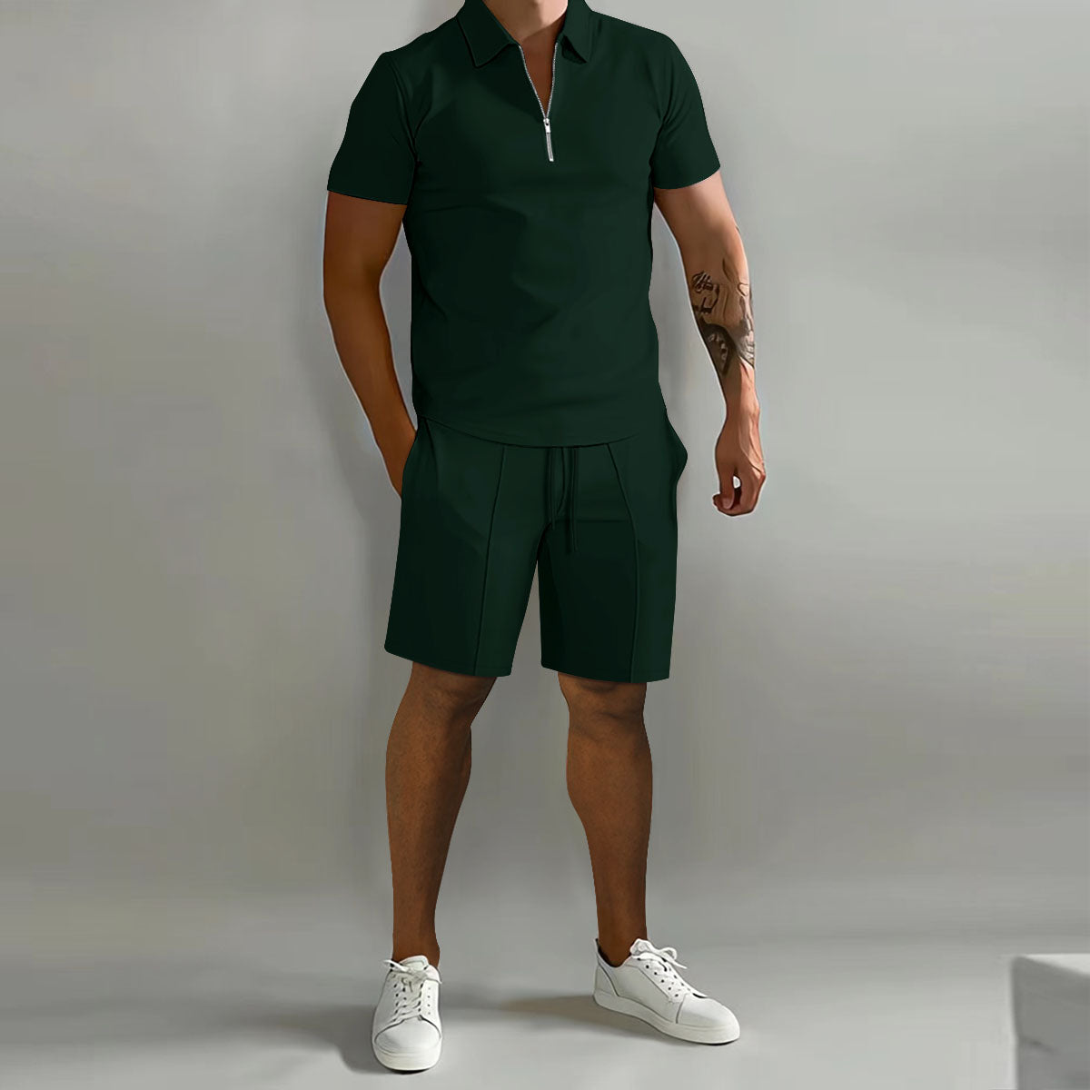 Kairos | Men's Zip Polo Shirt Shorts Casual Beige Set