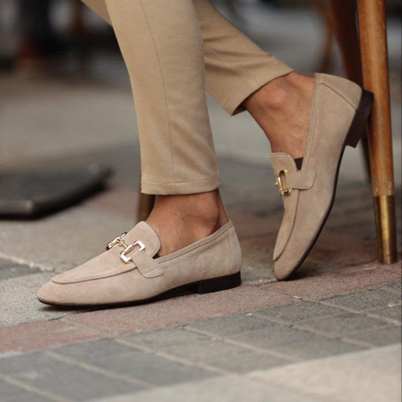 Beckett | Men's Slip On Suede Metal Detail Loafers in Beige