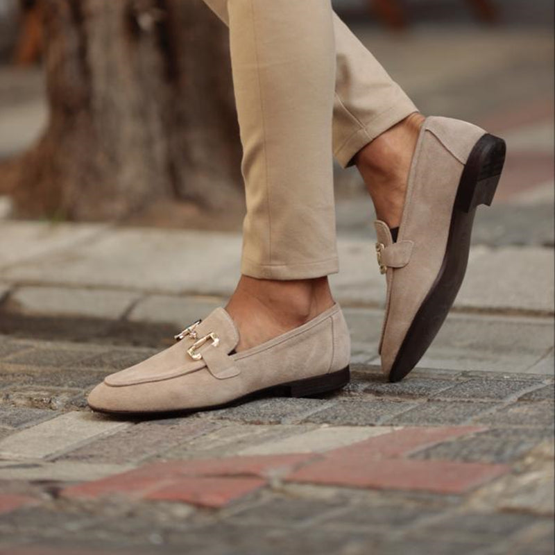 Beckett | Men's Slip On Suede Metal Detail Loafers in Beige