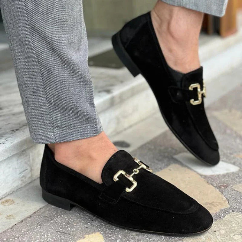 Beckett | Men's Slip On Suede Metal Detail Loafers in Beige
