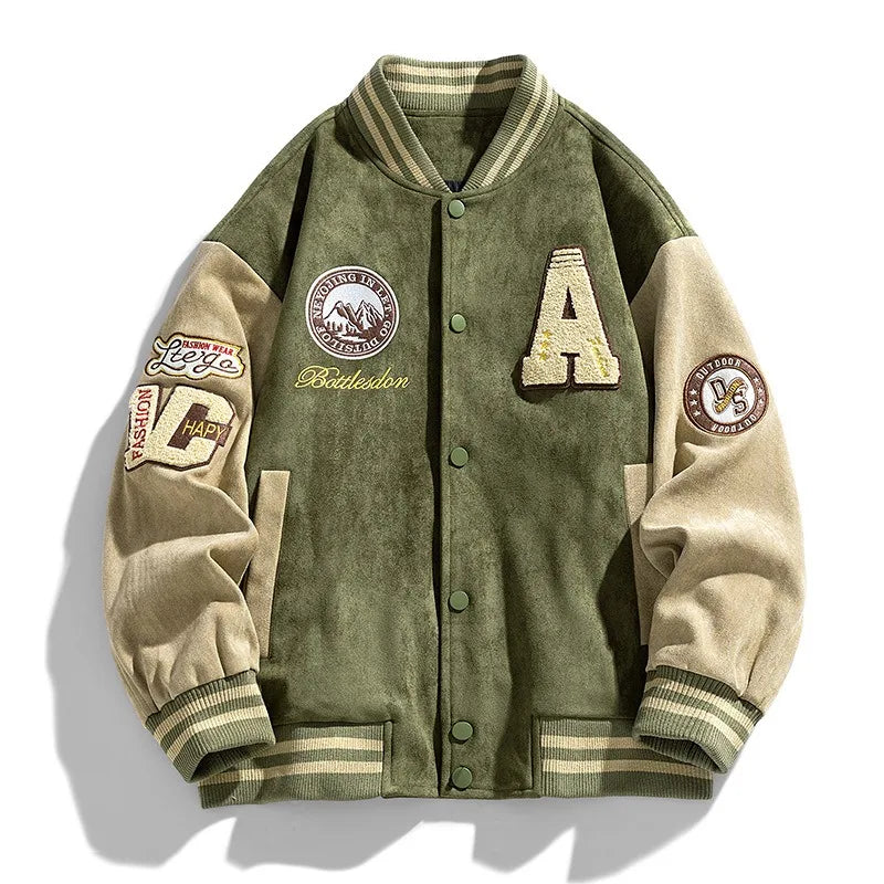 Beckett | Men's Varsity Button Up Bomber Jacket in Olive Green Velvet