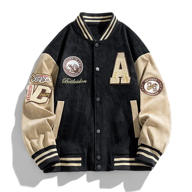 Beckett | Men's Varsity Button Up Bomber Jacket in Olive Green Velvet