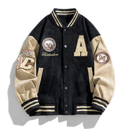 Beckett | Men's Varsity Button Up Bomber Jacket in Olive Green Velvet