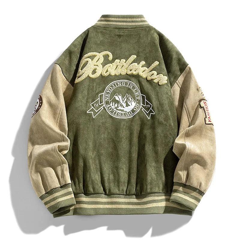 Beckett | Men's Varsity Button Up Bomber Jacket in Olive Green Velvet