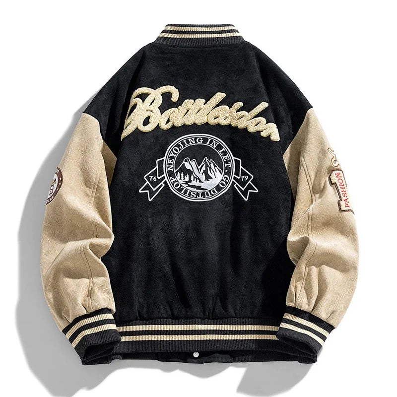 Beckett | Men's Varsity Button Up Bomber Jacket in Olive Green Velvet