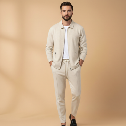 Kai | Men's Casual Cream Zip Jacket Two Piece Set
