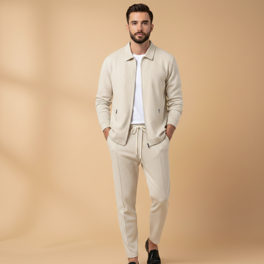 Kai | Men's Casual Cream Zip Jacket Two Piece Set