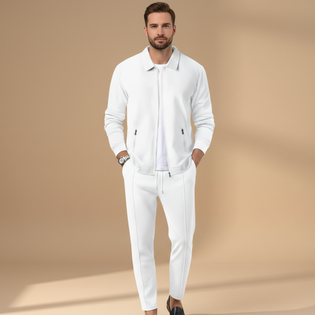Kai | Men's Casual Cream Zip Jacket Two Piece Set