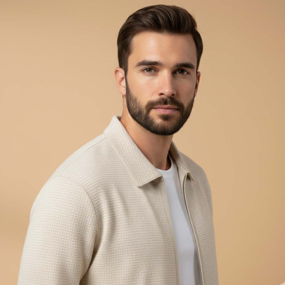 Kai | Men's Casual Cream Zip Jacket Two Piece Set
