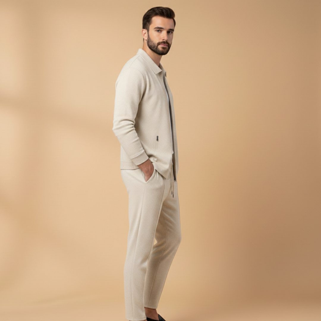 Kai | Men's Casual Cream Zip Jacket Two Piece Set
